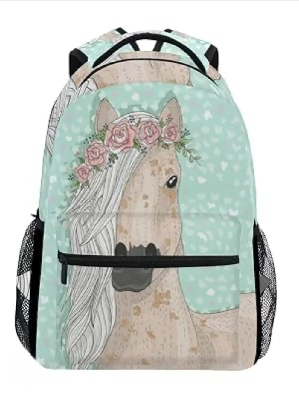 Pink Flower Horse Art Design Teal Blue School Backpack Bag for Kids Girls